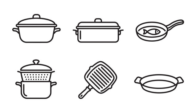 Cooking pot and pan kitchenware icon set with kitchenware cookware casserole culinary gastronomy equipment domestic illustration container restaurant houseware collection minimalist