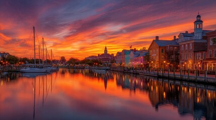 Naklejka premium A vibrant sunset over a harbor with reflections on the water. Perfect for travel tourism and peaceful.