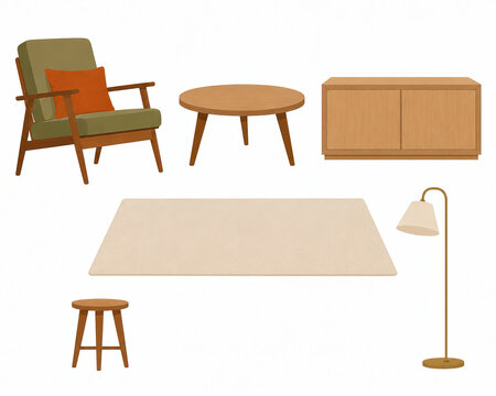 Cozy autumn furniture set with armchair table cabinet rug and floor lamp