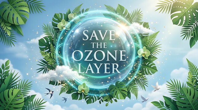 Save the Ozone Layer Concept with Tropical Leaves and Glowing Orb