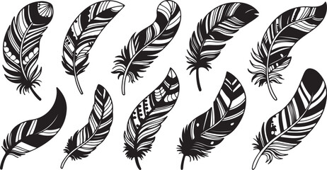 Ethnic feather silhouettes collection featuring detailed patterns and tribal ornaments for bohemian style and artistic decoration. © Kamrun82