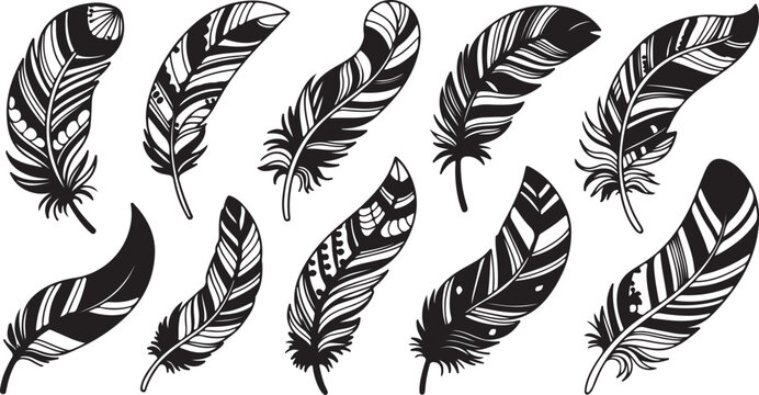 Ethnic feather silhouettes collection featuring detailed patterns and tribal ornaments for bohemian style and artistic decoration.