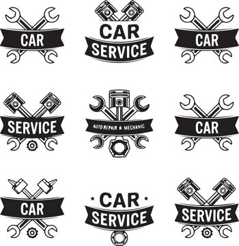 Set car service emblem, auto repair mechanic garage logotypes. collection mechanic tools and pistons labels.