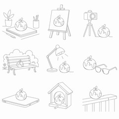 Fototapeta premium Line art collection of nine icons featuring a round pastry character in various lifestyle scenarios including an art easel, camera, park bench, desk lamp, and birdhouse.