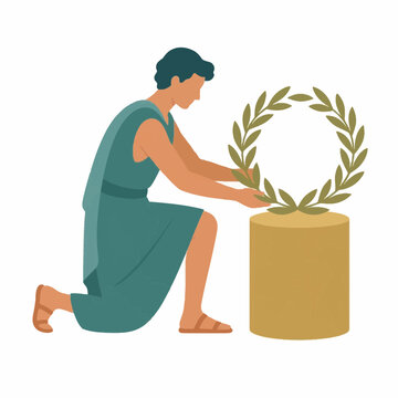 Flat vector illustration of an ancient Greek man in a teal chiton kneeling to place a laurel wreath crown on a golden cylindrical pedestal isolated on a white background.