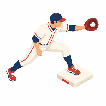 Isometric vector illustration of a professional baseball player in a white uniform catching a ball in a leather mitt while touching a base plate on a clean white background.