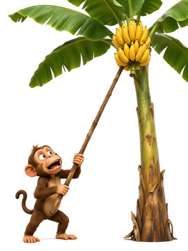 3D image of a monkey trying to pick up a banana with a piece of wood