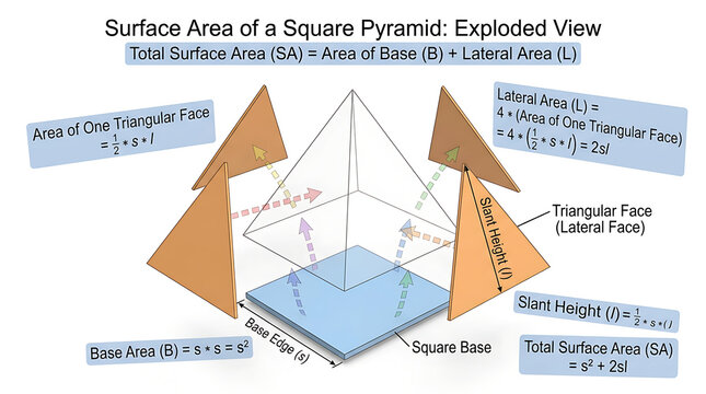 A detailed diagram shows the surface area of a square pyramid with labeled components in an exploded view for educational purposes in a classroom setting.