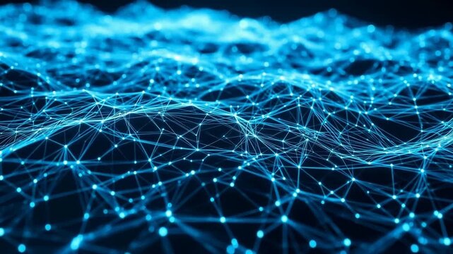 Dynamic blue network of connected dots and lines forming a flowing digital landscape