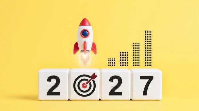 Business Success and Growth Goal Concept for 2027 with Rocket and Target