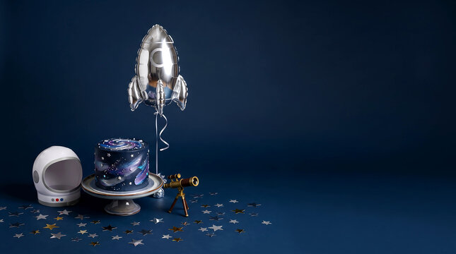 Space themed birthday cake with a shiny silver rocket balloon and a miniature telescope arranged on a dark blue background to celebrate a creative party for a young space fan.