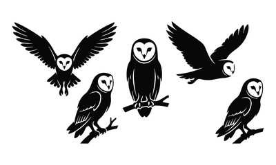 Fototapeta premium Barn owl collection black and white silhouettes in various poses