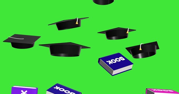 Multiple graduation caps and colorful books falling down against a green screen background for educational success, university achievement, and school graduation ceremony concepts.