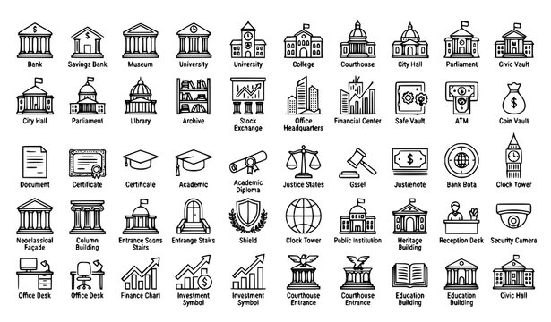 Financial Institution Line Icon Collection Featuring Bank Museum University Government and Classical Building Symbols