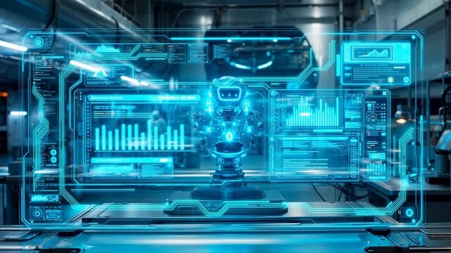 A futuristic robot stands in a high-tech laboratory with holographic data displays and advanced interface elements.