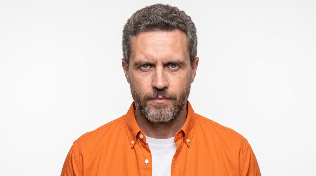 Middle aged man with salt and pepper beard and intense expression against plain white background portrait expression