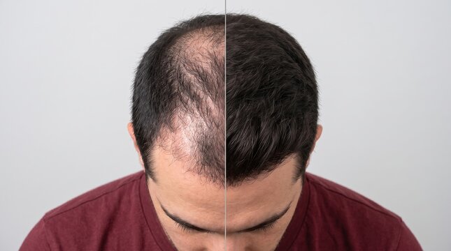 Young man showing progress of hair transplant procedure comparing hair loss with regrowth transplant treatment