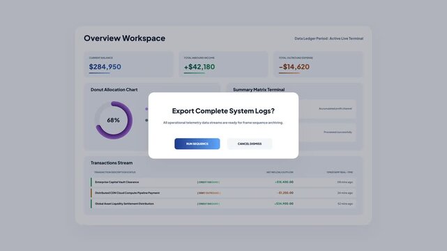 Overview workspace system log export modal confirmation dialog on corporate financial dashboard