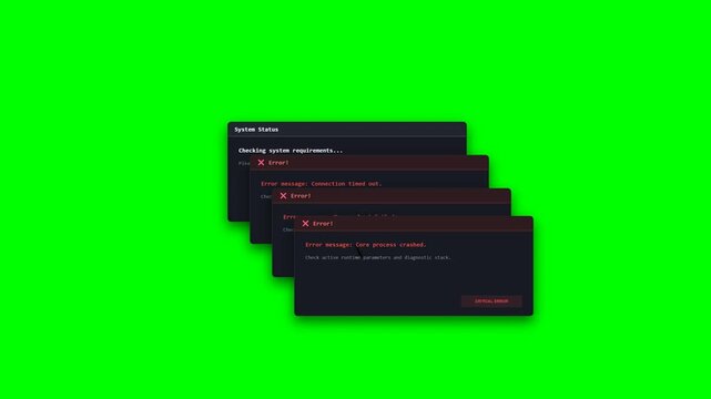 Dark Futuristic Desktop Operating System Style Critical Error Window Cascade on Green Screen