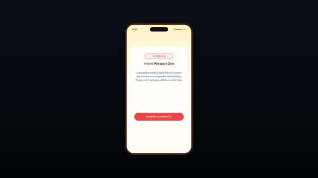 Flight Verification Desk Mobile Application User Interface with Invalid Passport Data Cryptographic Integrity Check Failed Screen Animation