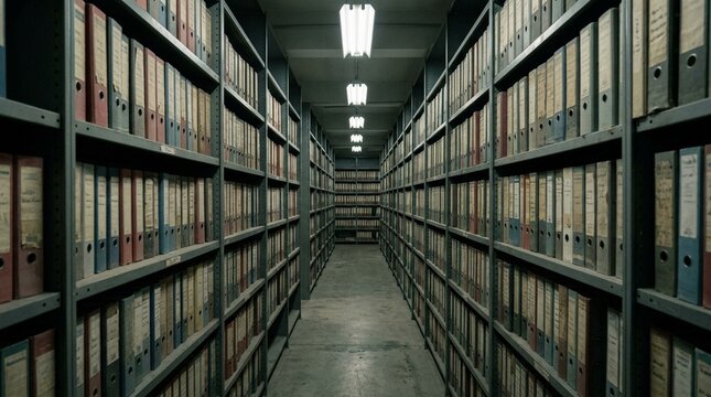 Xylene scented archive room shelving with dusty compliance binders stacked deep &ndash; Medical Records Compliance & Healthcare Documentation Stock Photo