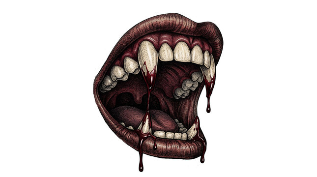 Creepy vampire mouth with sharp fangs dripping blood for Halloween