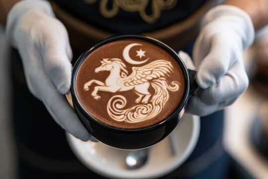 Barista Creates Mythical Pegasus Latte Art in Coffee Cup.