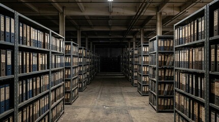 Obraz premium Legacy paper chart archive room with rows of shelved binders stretching into shadow – Medical Records Compliance & Healthcare Documentation Stock Photo