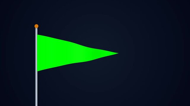 Bright green triangular pennant flag on flagpole waving against dark navy blue background loop
