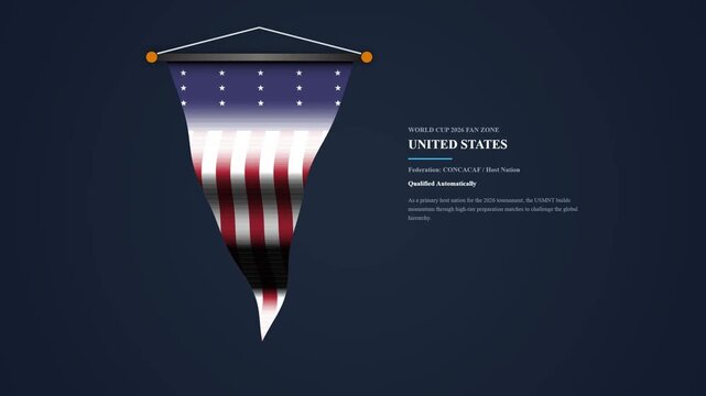 United States National Football Team Waving Banner Pennant Animation, Stars and Stripes US Flag Motion Graphic Background for World Cup 2026 Fan Zone with Host Nation Info, 4K Loop Presentation Video