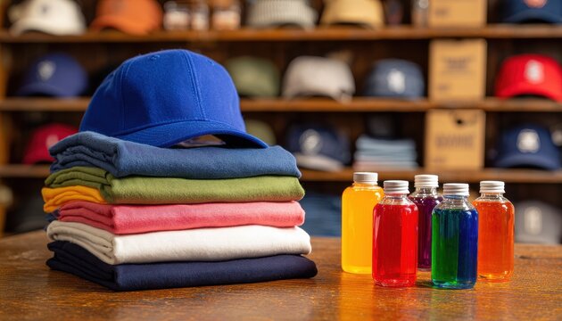 A stack of colorful folded sweatshirts and juice bottles on a shop counter. Retail store concepts.