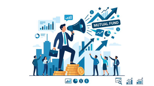 Businessman with megaphone standing on gold coins promoting mutual funds.