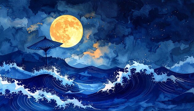 Deep navy watercolor waves beneath a glowing full moon with traditional Japanese umbrella