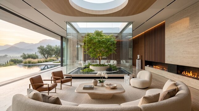 Modern luxury living room featuring a central glass atrium with a tree, curved sofa, fireplace, and scenic mountain views
