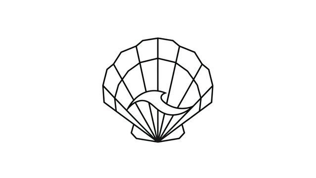 Black and white linear illustration of an open clam shell with a wavy line