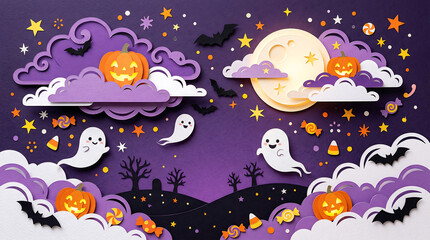 Fototapeta premium Colorful Halloween night scene with pumpkins and ghosts under a full moon.