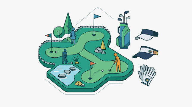 Professional of Mini Golf Course with Players Golf Bags and Accessories in Bright Green and Blue