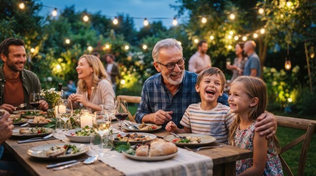 Multi-generational family enjoying outdoor dinner together. Happy relatives sharing a meal at a long wooden table in a garden. Warm and joyful gath...