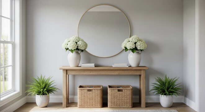Minimalist entryway console table with round mirror and plants.