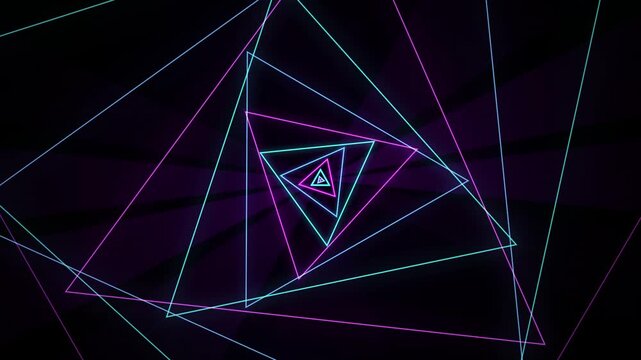 Abstract neon light tunnel with swirling geometric triangles, purple and teal glowing lines, motion graphic background
