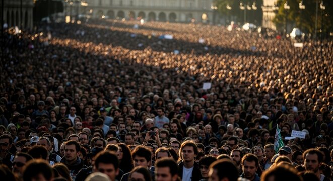 Massive crowd of people gathered in large public square.