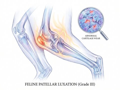 Medical illustration of Feline Patellar Luxation Grade III showing knee joint inflammation and abnormal cartilage wear in a cat