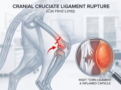 Medical Illustration of Cranial Cruciate Ligament Rupture in a Cat Hind Limb with Inflamed Capsule