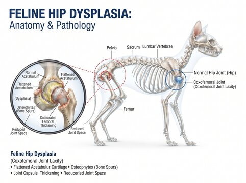 Feline Hip Dysplasia Anatomy and Pathology Infographic with Cat Skeleton Illustration