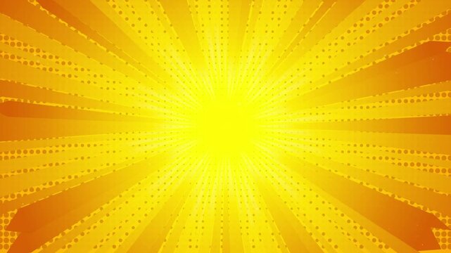 Radiating sunburst effect with bright yellow center and orange rays, comic book style.