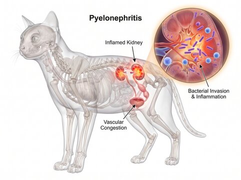 Feline Pyelonephritis Medical Illustration showing Inflamed Kidney and Urinary Tract Anatomy
