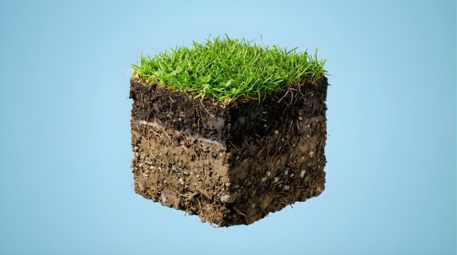 Floating cross section cube of green grass and underground soil layers