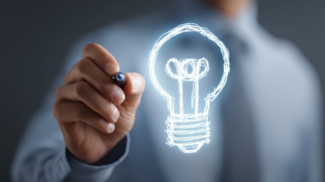 A man draws a glowing light bulb with a digital pen. This illustrates creative thinking and innovation.