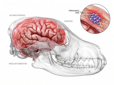 Canine Meningitis Anatomy Illustration Showing Brain Inflammation and Vascular Congestion in Dog Skull