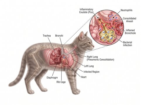 Medical Illustration of Feline Pneumonia showing Lung Infection and Respiratory Anatomy in a Cat